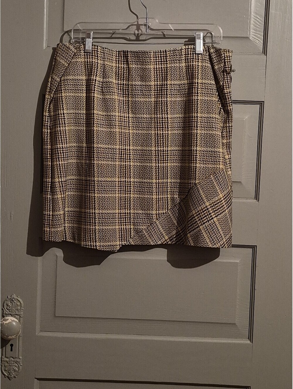 Cabi Pastime Plaid Houndstooth  Mini Skirt Women's L Yellow Brown Black Preppy